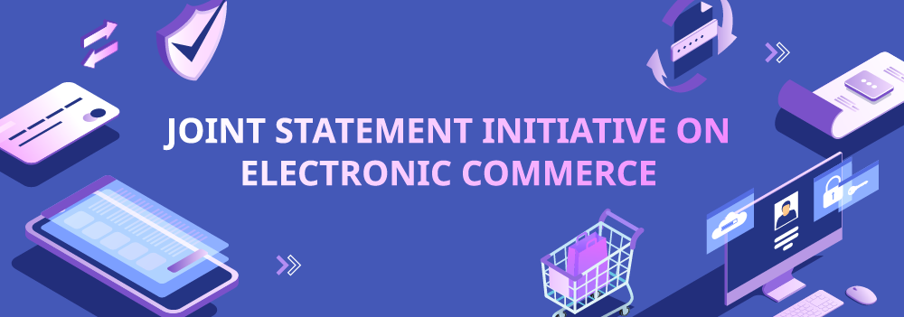 Banner with digital commerce icons like credit cards, shopping cart, and secure transactions.